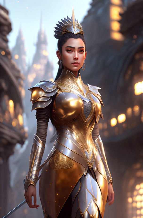 Female warrior in golden armor with tiara in front of castle backdrop