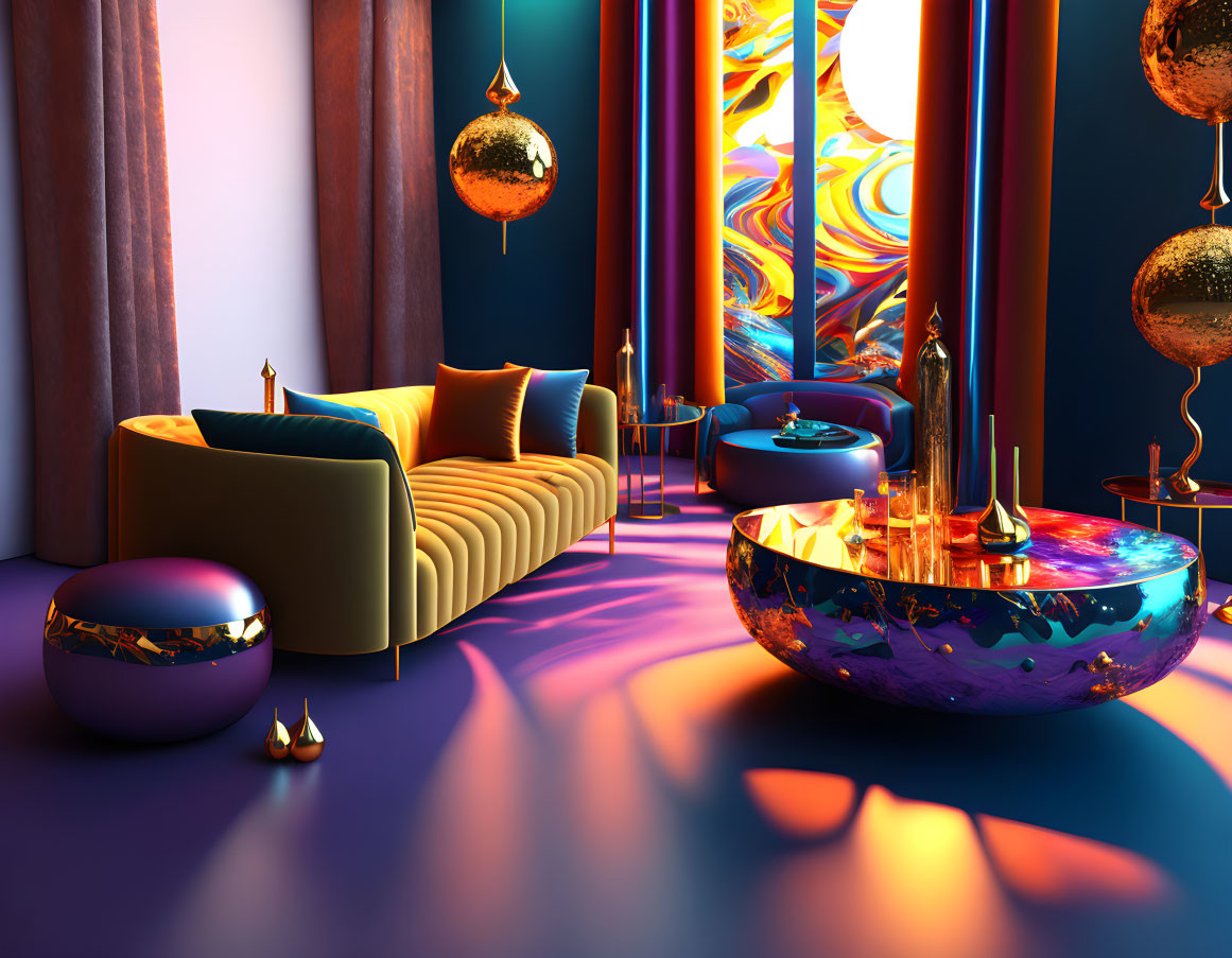 Modern interior with gold-accented yellow sofa, blue tones, abstract art, and warm lighting