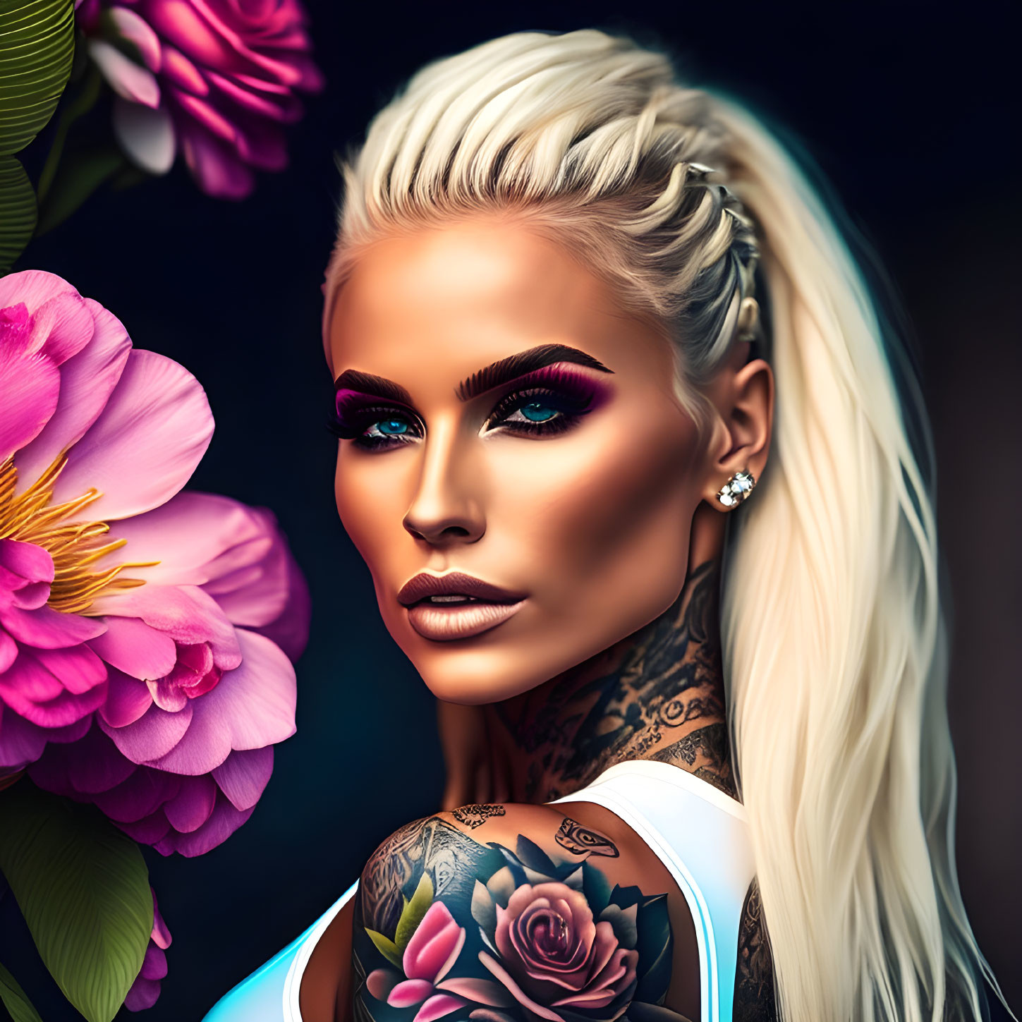 Platinum blonde woman with bold makeup and colorful tattoos against dark background with pink flowers