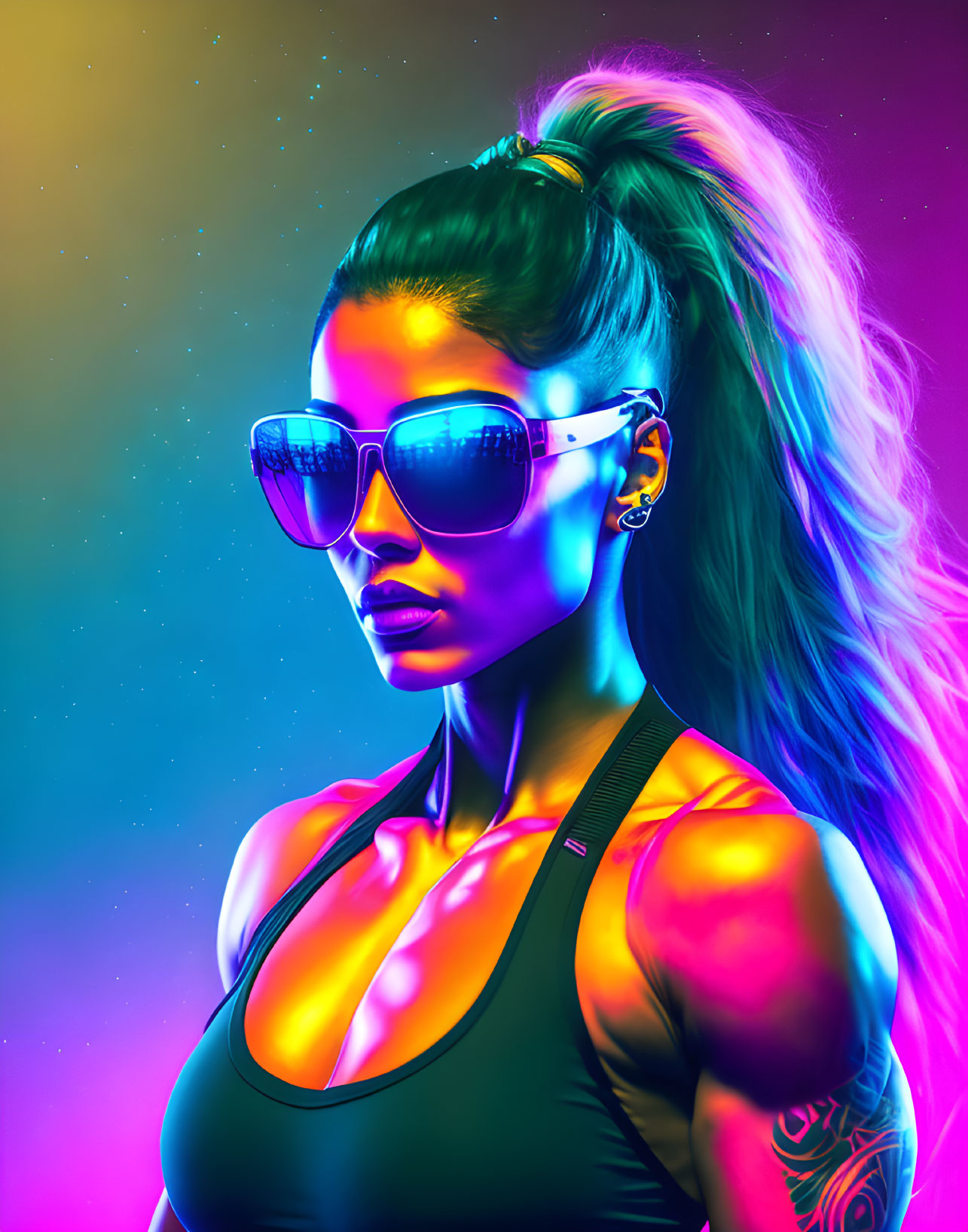 Woman with high ponytail, sunglasses, and sleeve tattoo under neon lights