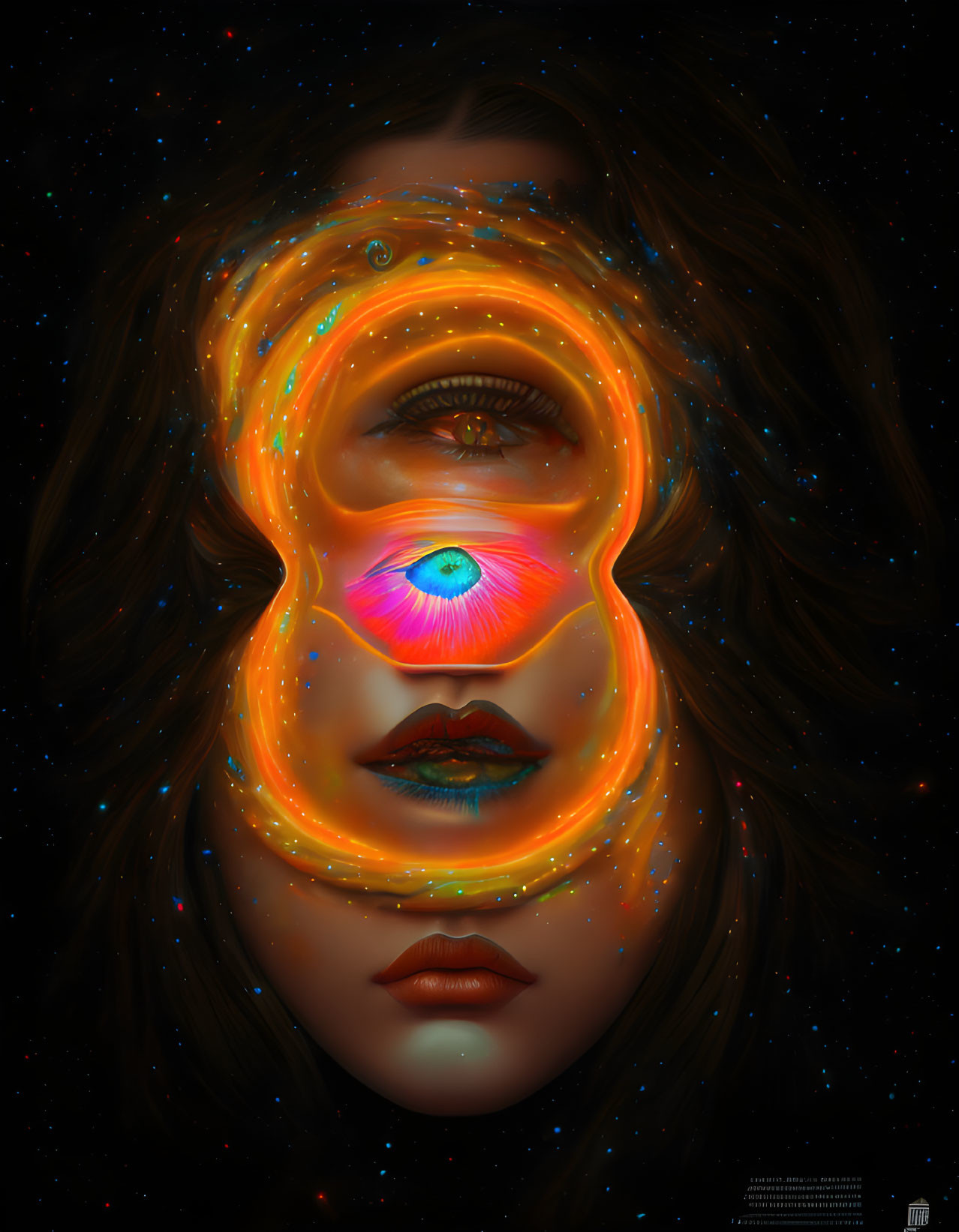 Abstract surreal portrait with cosmic elements and vibrant colors portraying a woman's face.