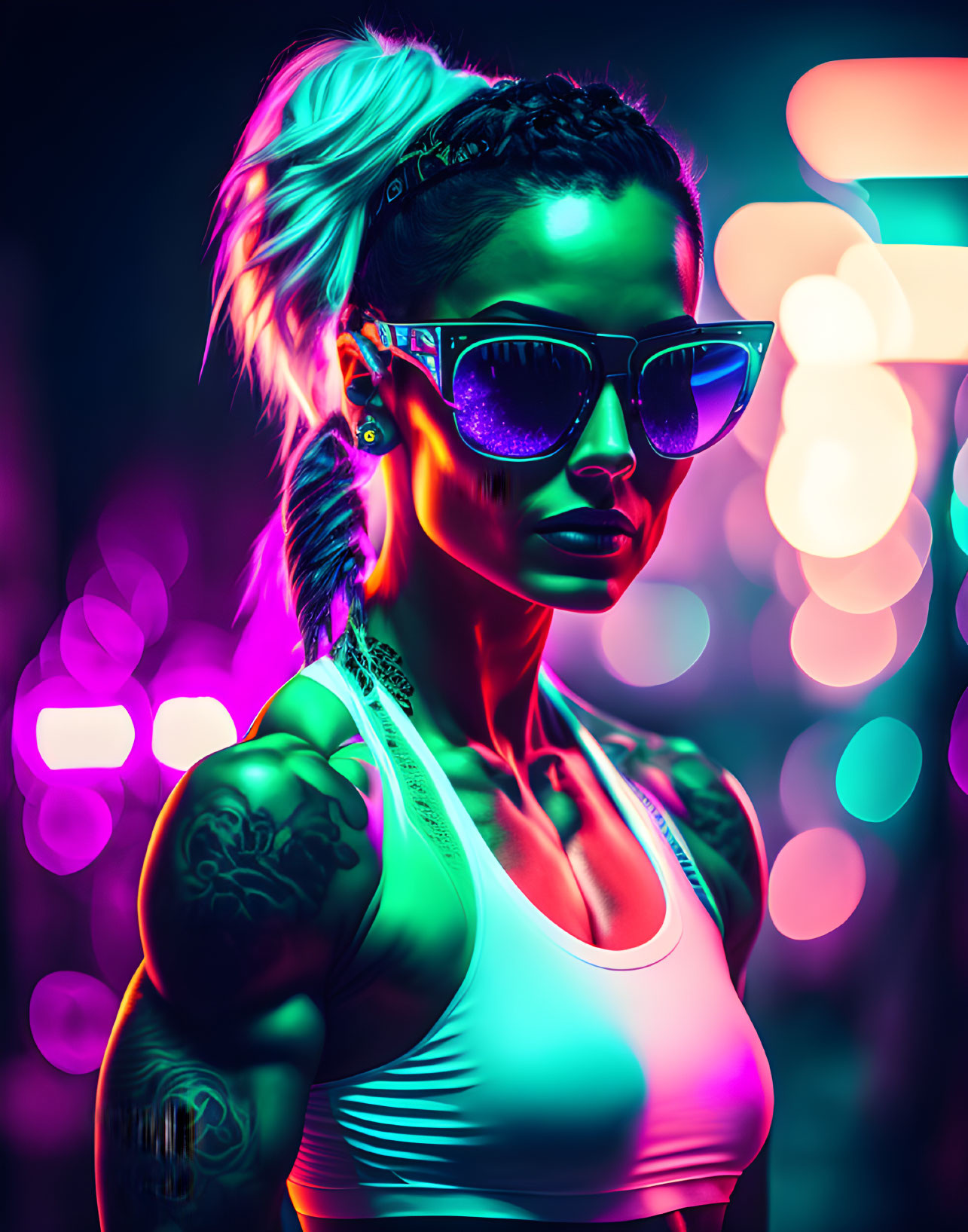 Edgy woman with sunglasses in neon-lit urban setting