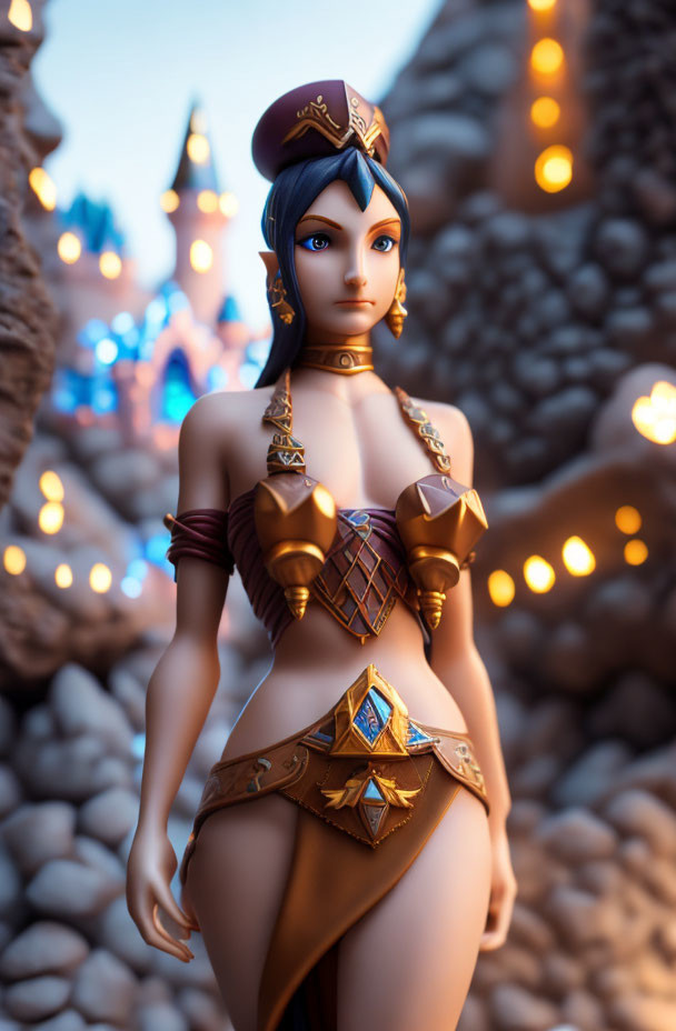 Detailed Female Character Figurine with Blue Eyes and Regal Outfit on Fantasy Backdrop