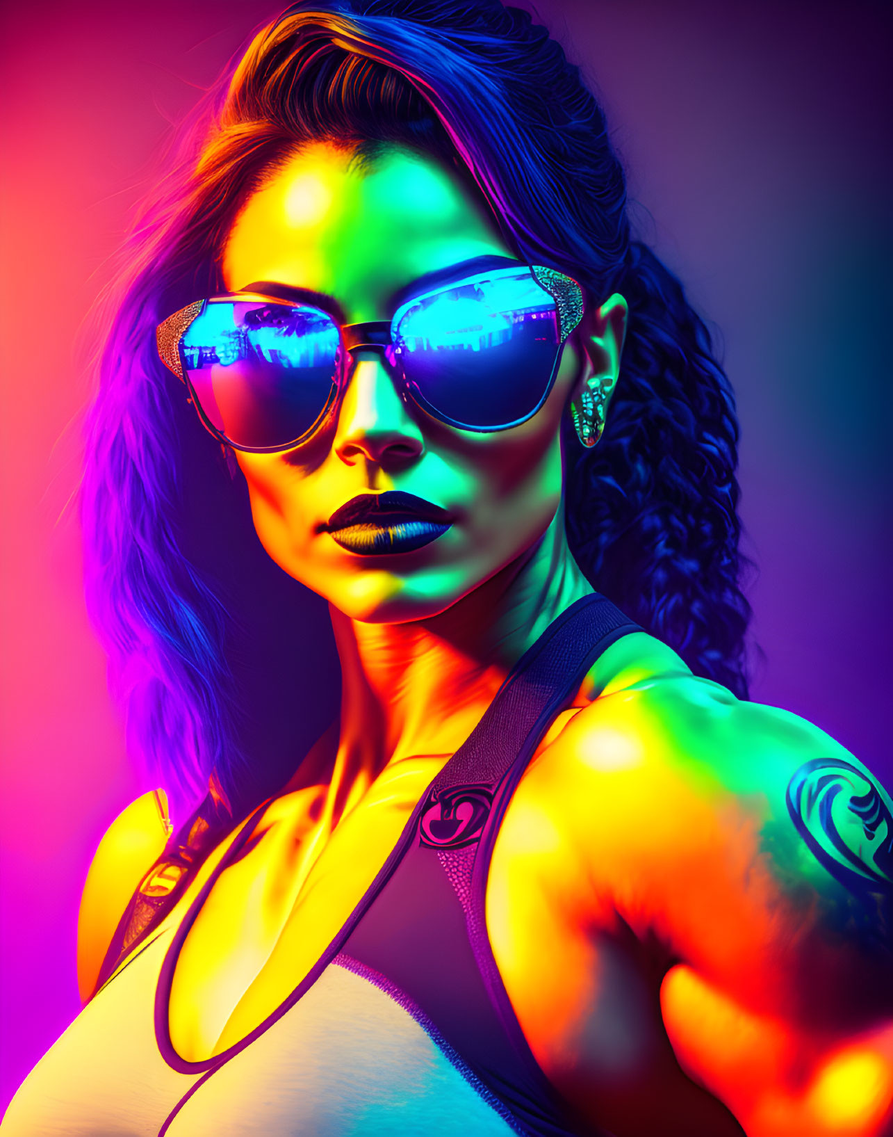 Colorful portrait of woman with sunglasses, neon hues, and shoulder tattoo