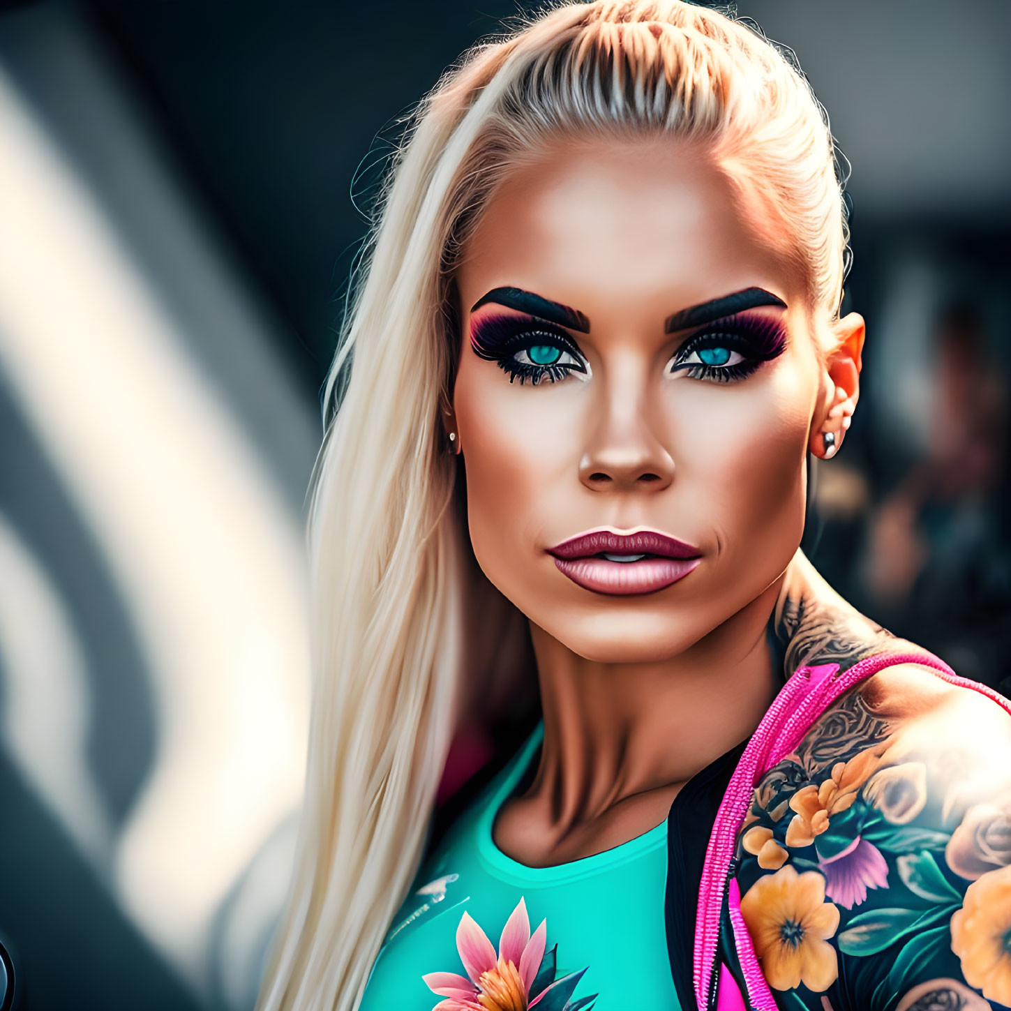 Blonde woman with vibrant makeup, long hair, and floral arm tattoos