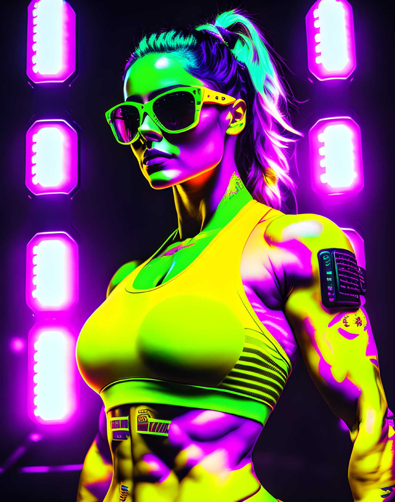 Neon body paint woman in sunglasses among colorful light panels