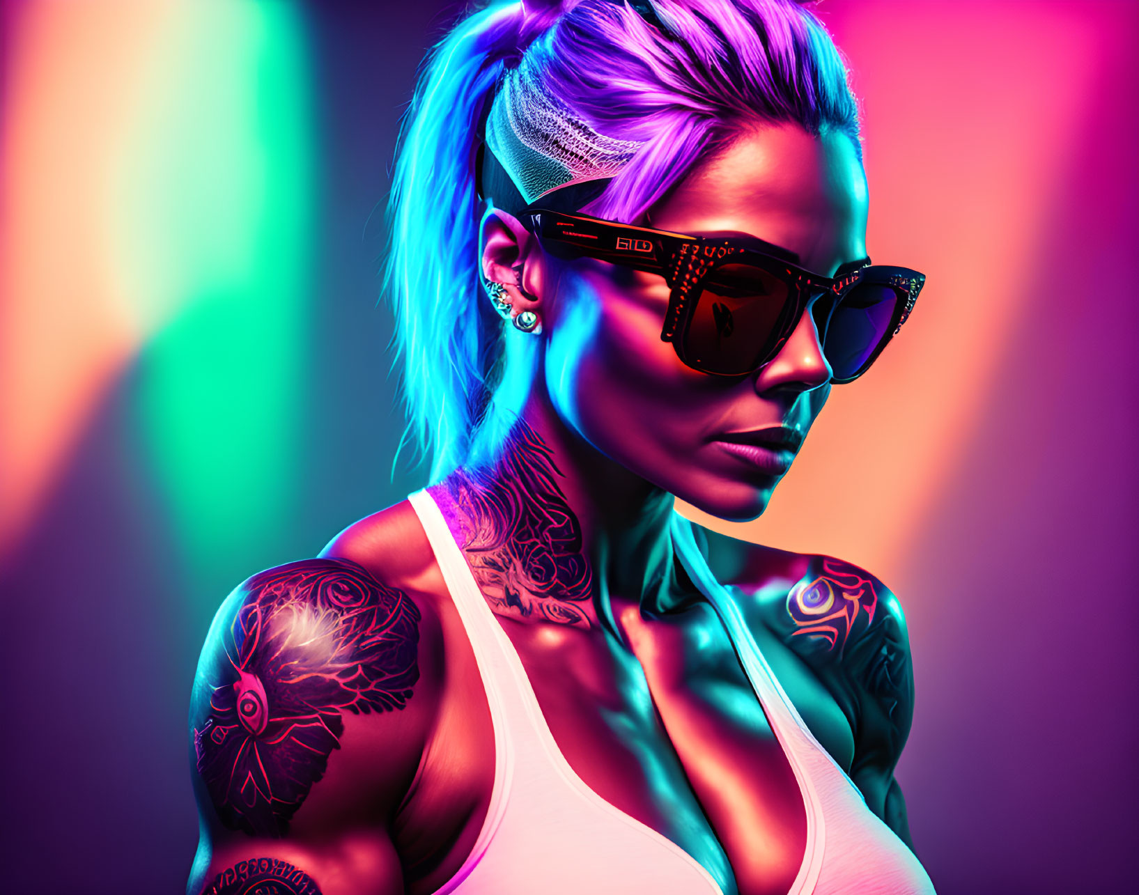 Vividly Colored Hair Woman with Sunglasses and Tattoos on Neon Background