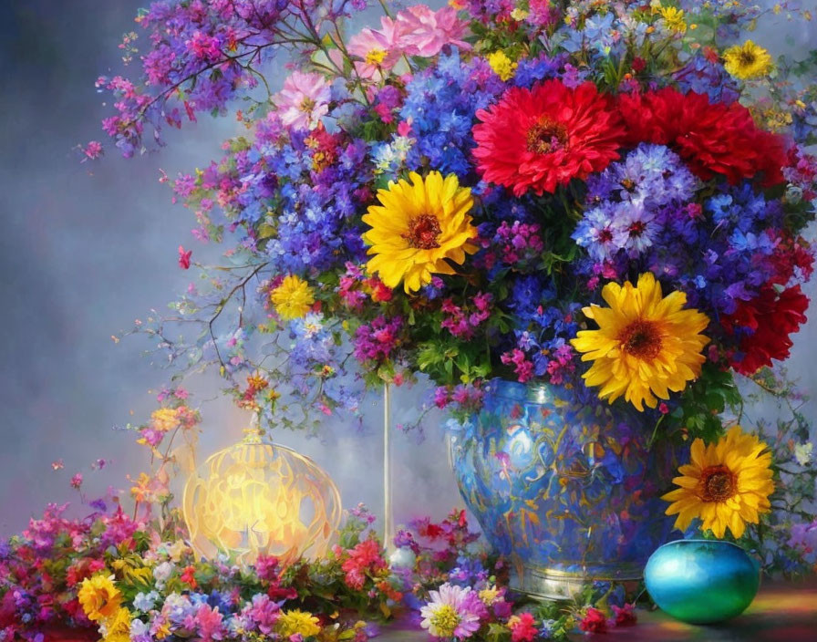 Colorful bouquet in blue vase with decorative eggs on soft background