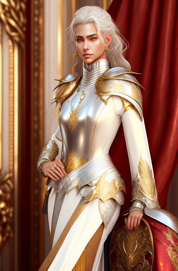 Silver-haired character in regal white and gold armor by red curtain