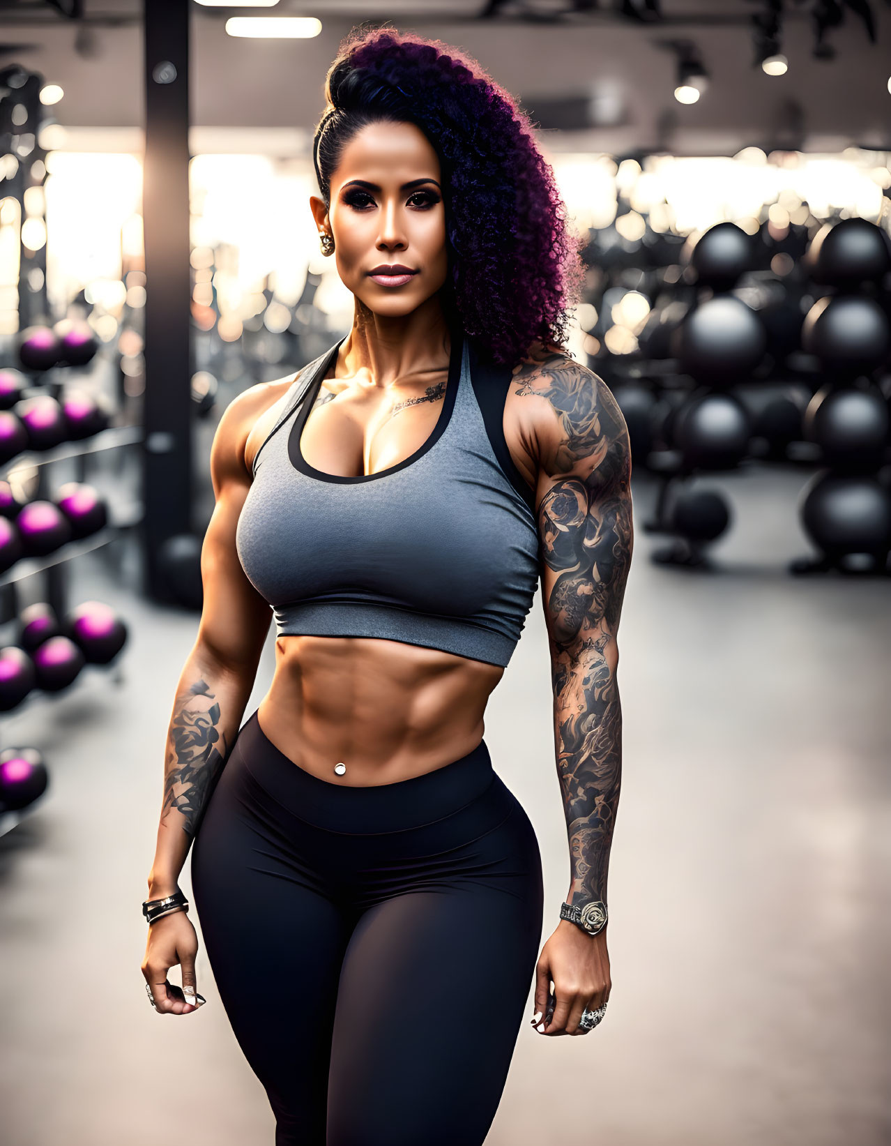 Tattooed woman in gym with purple hair, grey top, black leggings