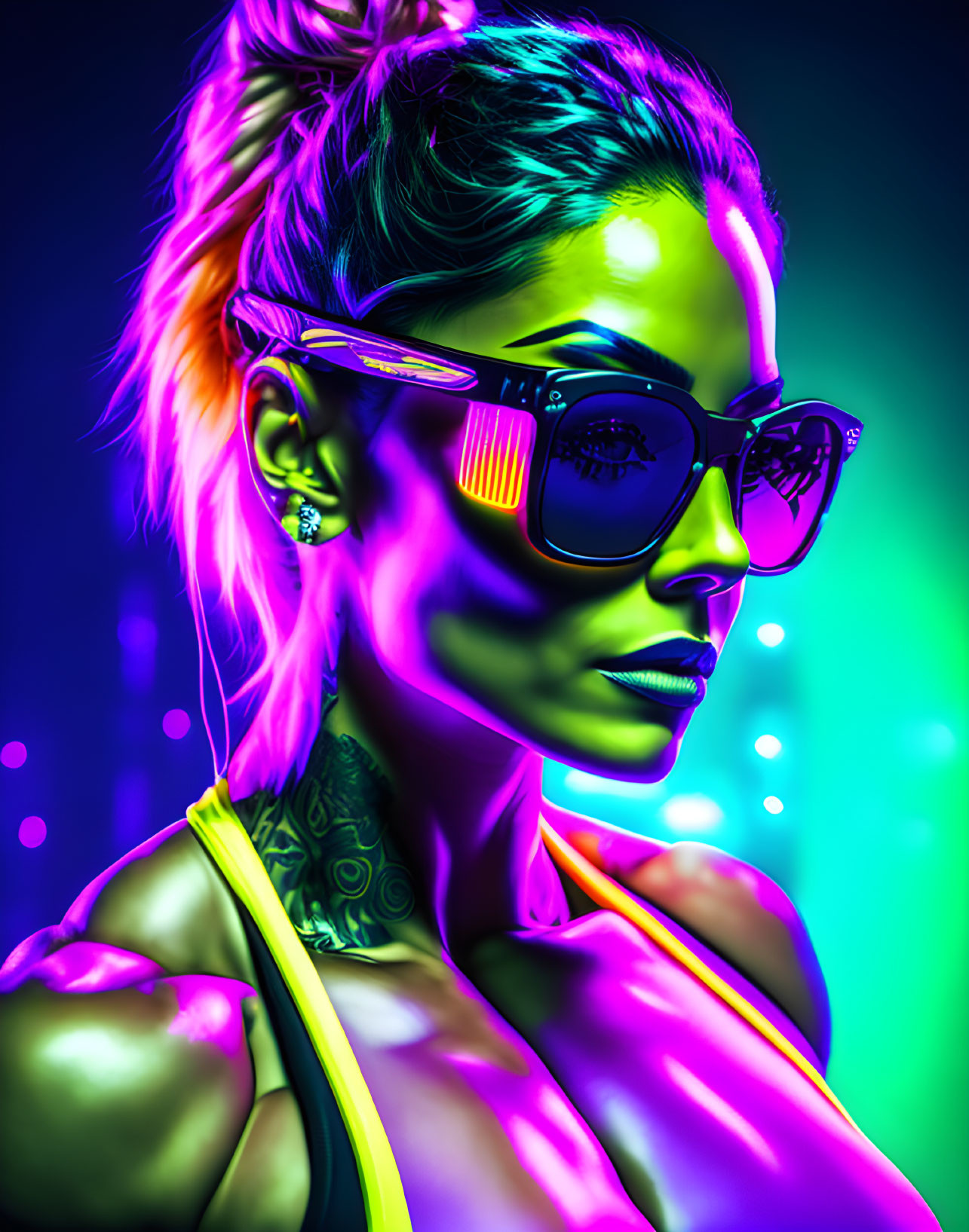 Portrait of woman with high ponytail and stylish sunglasses under neon lighting