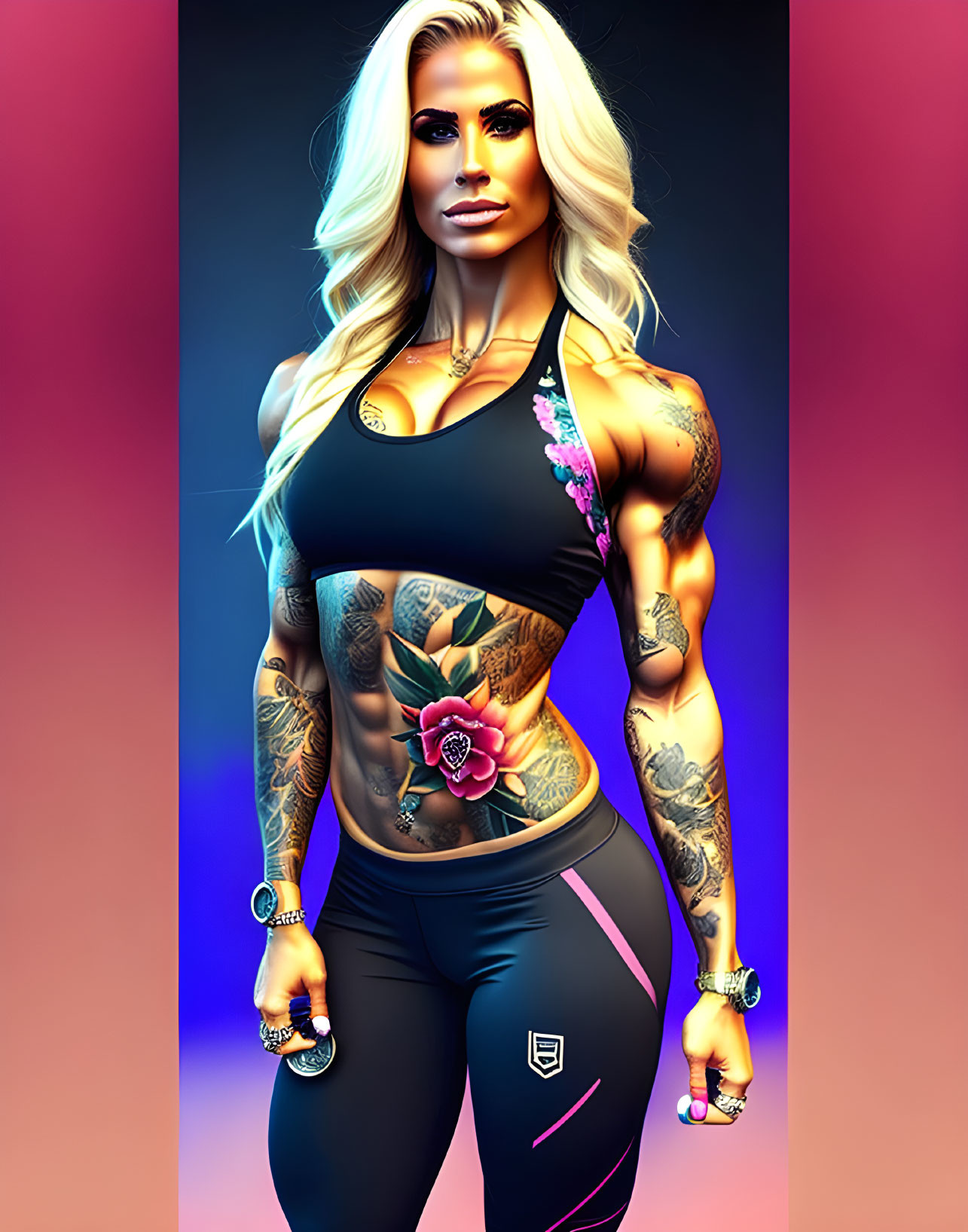 Fit woman with elaborate tattoos in athletic apparel on vibrant background