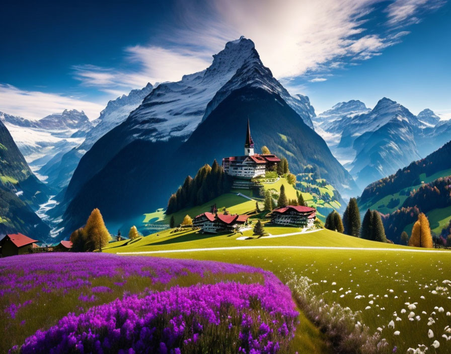 Majestic snow-capped mountain with vibrant wildflowers and quaint buildings