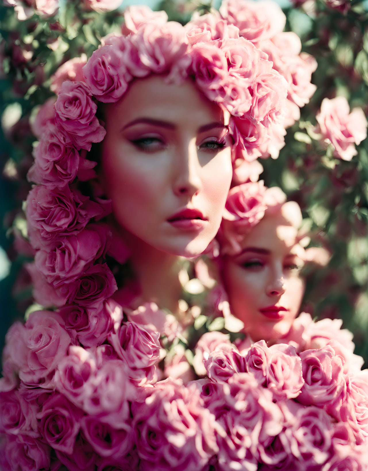 Elaborate Pink Rose Headpiece and Garment with Reflective Surface