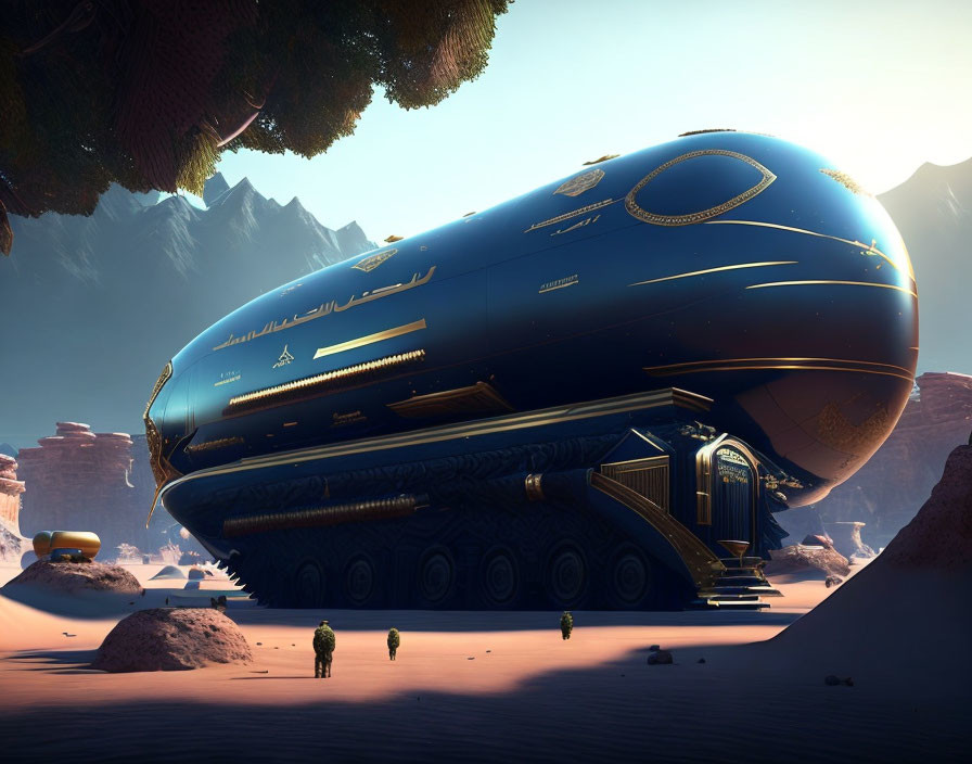 Blue and gold futuristic airship lands in desert with rock formations and people.