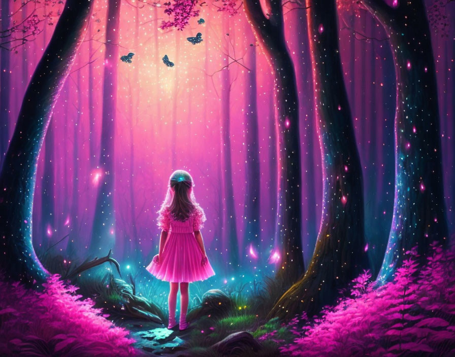 Girl in Pink Dress in Magical Forest with Glowing Plants and Butterflies