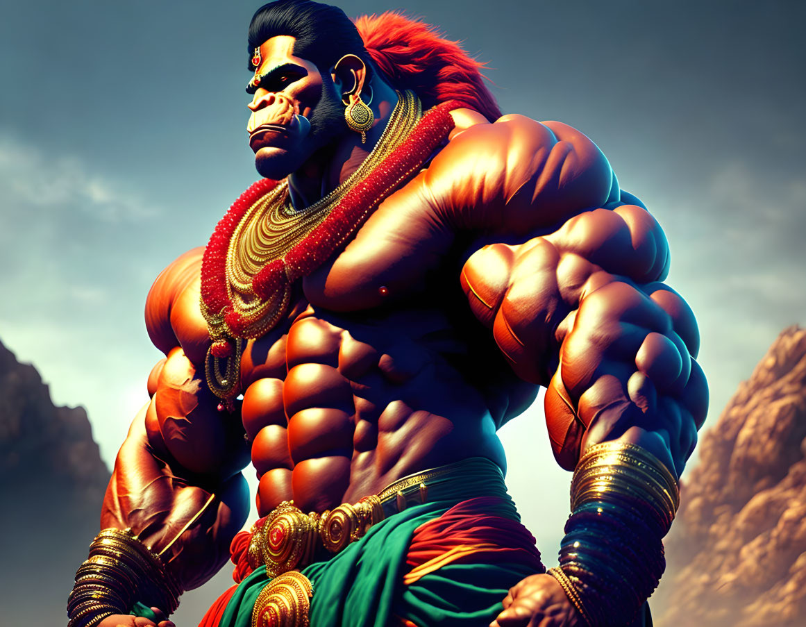 Muscular animated character with red face paint and Indian jewelry against cloudy sky