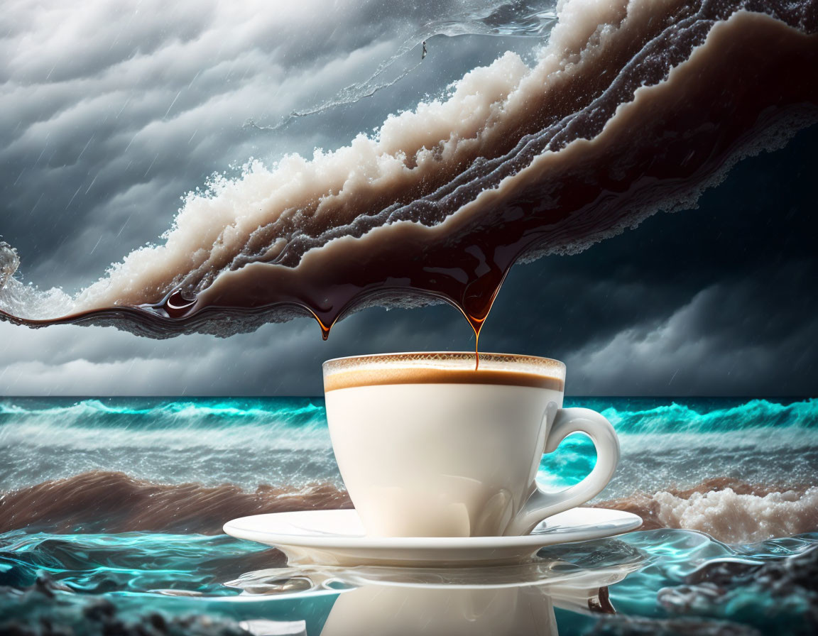 Surreal coffee cup on saucer floats under sky wave