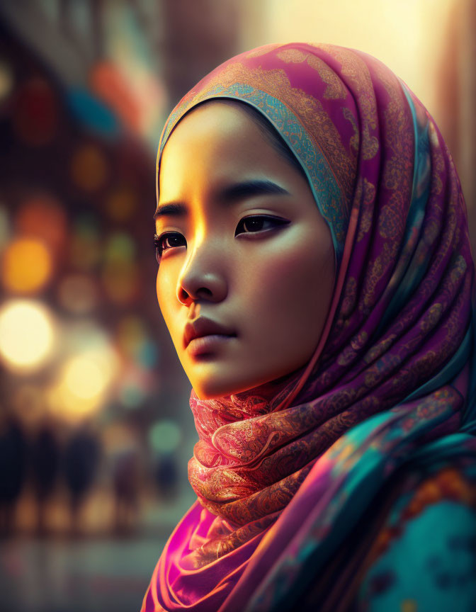 Young woman in colorful hijab gazes into blurred cityscape background