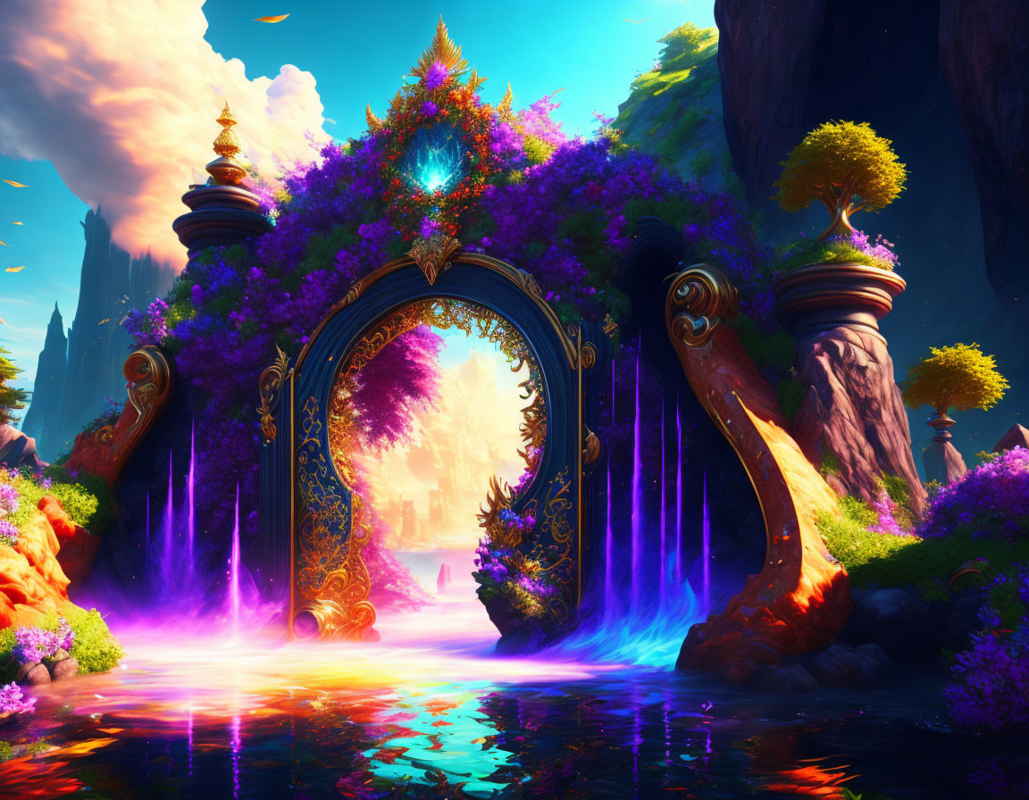 Mystical portal with radiant gem in enchanting forest landscape