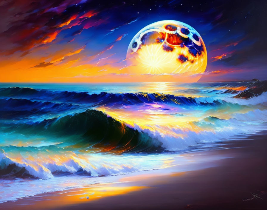 Colorful painting of crashing waves at sunset with dramatic sky and oversized moon