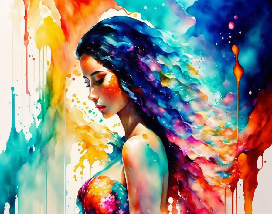 Colorful woman with flowing hair in vibrant watercolor.