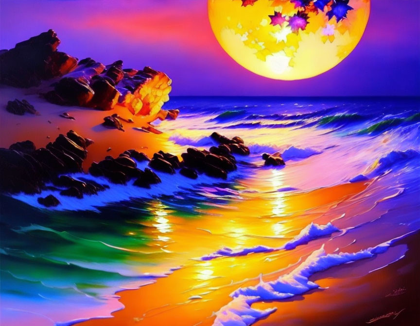 Colorful Beachscape Painting with Surreal Moon and Vibrant Ocean