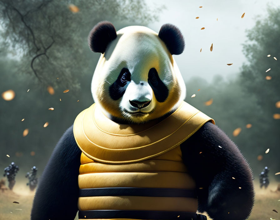 Stylized panda in yellow armor suit with forest background