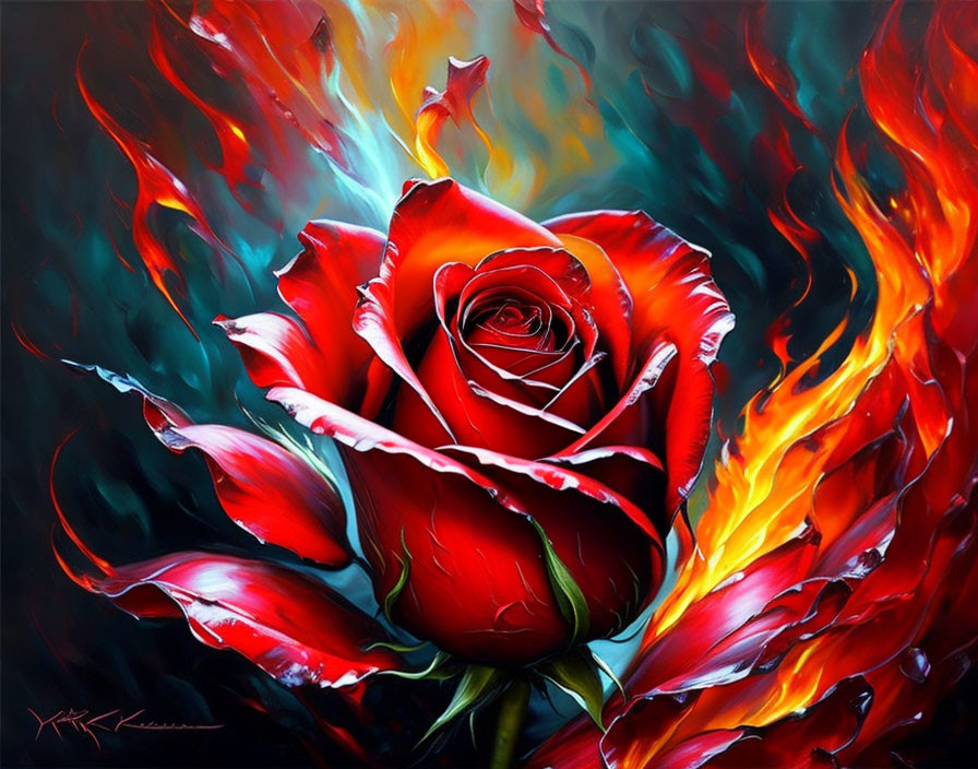 Dynamic red rose painting with fiery tones depicting intense energy.