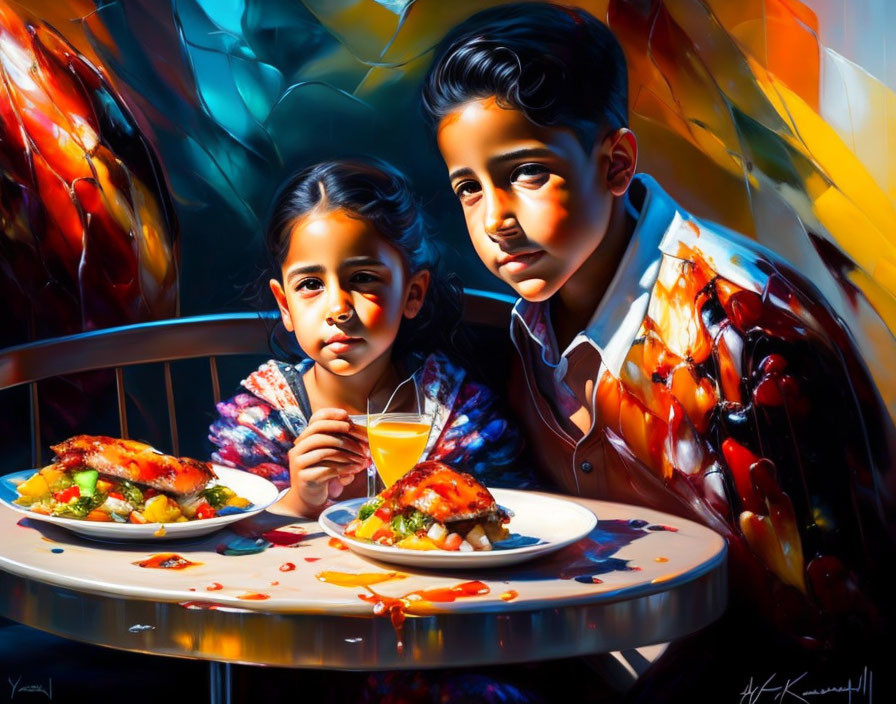 Colorful painting of children at table with abstract shapes and food plates