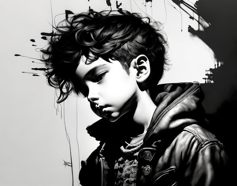 Monochromatic portrait of young boy in leather jacket with abstract splatter elements