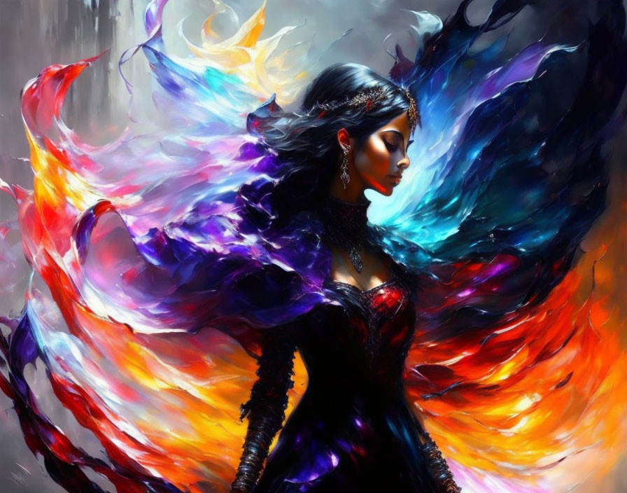 Colorful Phoenix-Like Woman Fantasy Art with Vibrant Wings