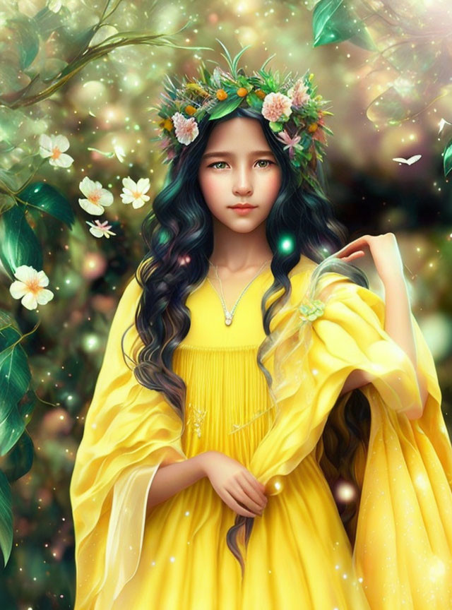 Girl with long wavy hair in yellow dress surrounded by blossoms and butterflies