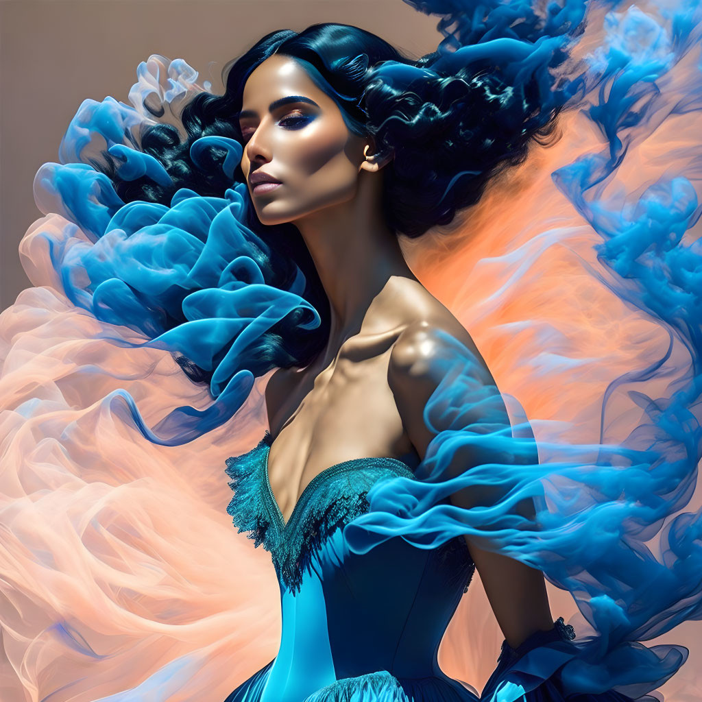 Dark-haired woman in blue dress enveloped by swirling blue and orange smoke