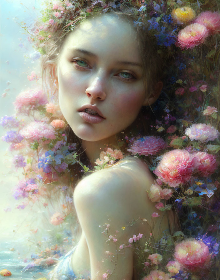 Ethereal woman portrait with pastel flowers in dreamlike setting