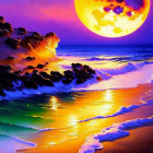 Colorful Beachscape Painting with Surreal Moon and Vibrant Ocean