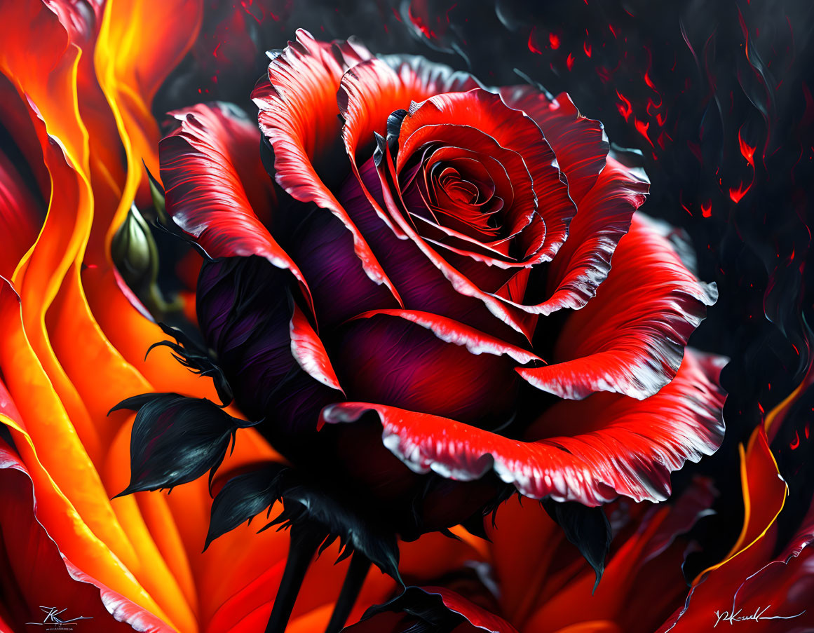 Digital artwork: Red rose with white-tipped petals amid fiery orange flames