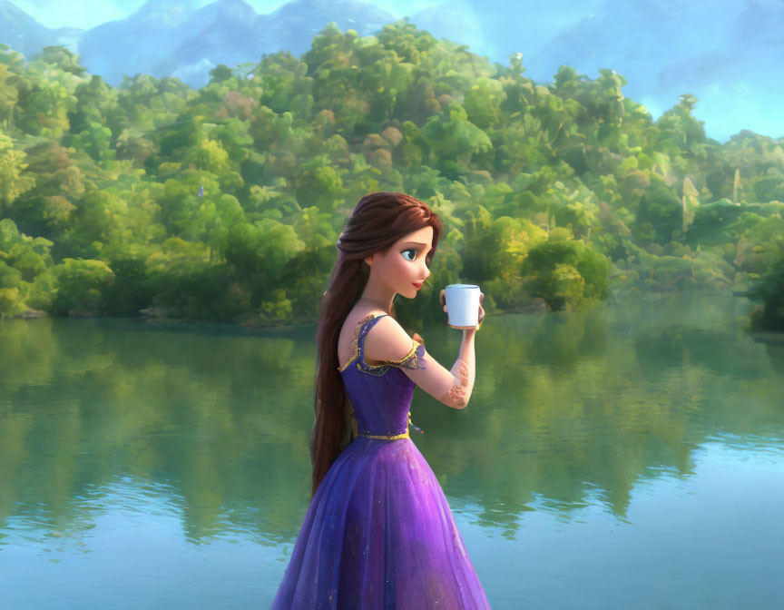 Young woman in purple dress by tranquil lake with mountains in animated setting