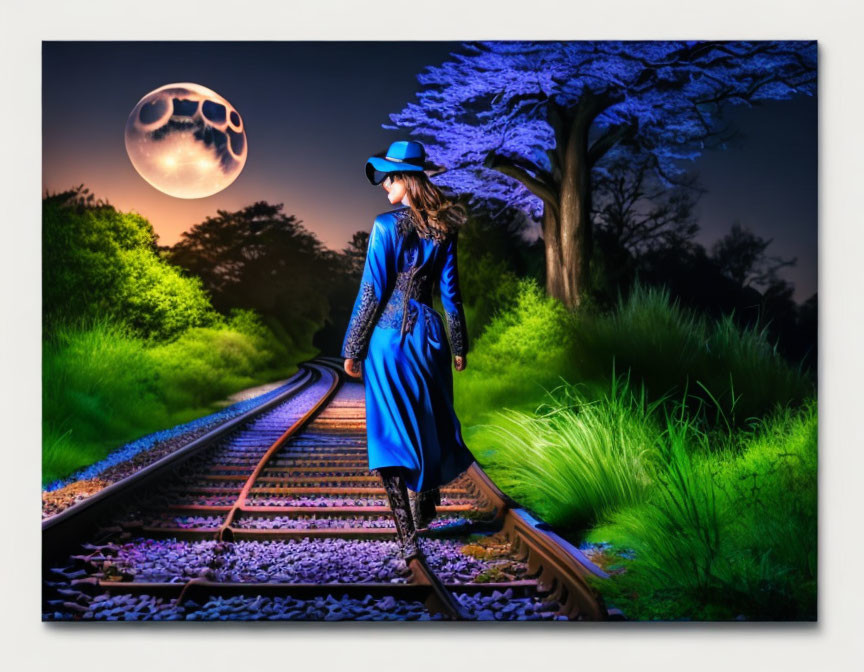 Woman in Blue Dress Walking on Train Tracks at Night with Full Moon