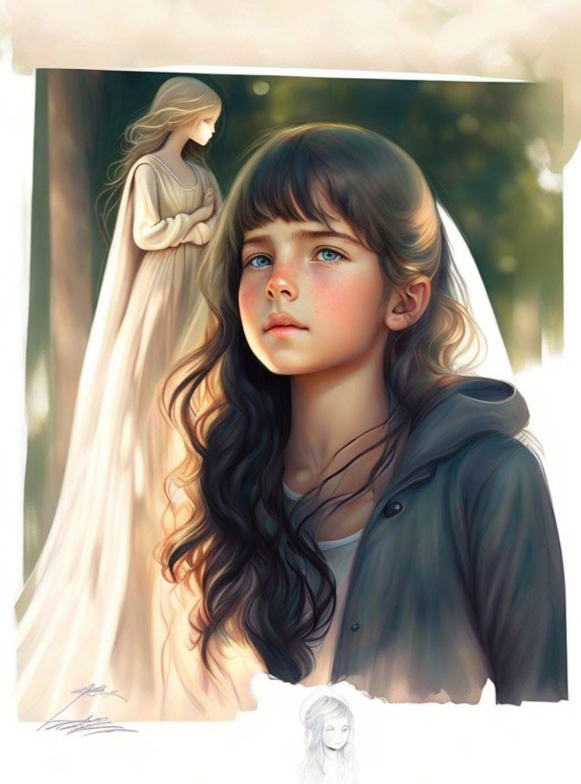 Digital painting of young girl with blue eyes and curly brown hair in hoodie, with angelic figure in