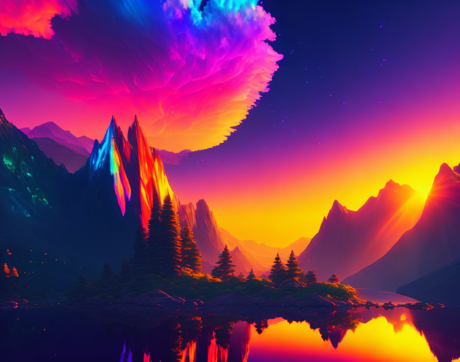 Surreal sunset digital artwork with neon-bright clouds over mountainous lakescape