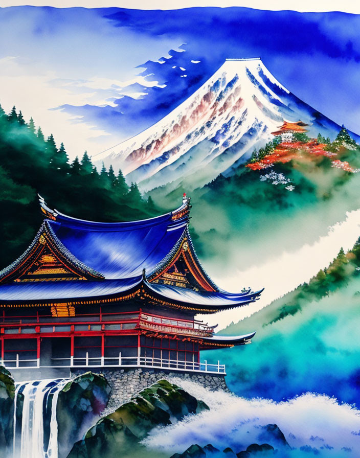 Japanese pagoda, red bridge, Mount Fuji: watercolor painting with misty forests