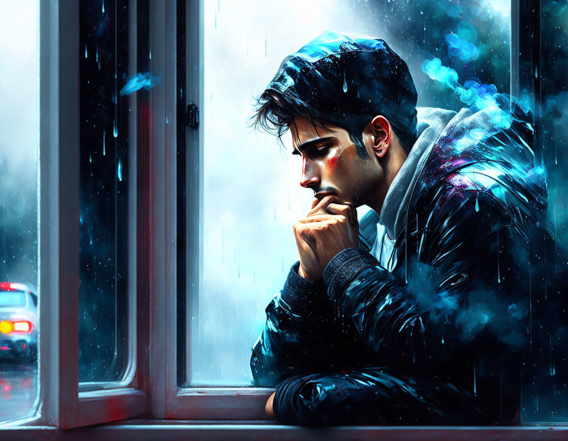 Contemplative person by rainy window with vibrant blue hues.