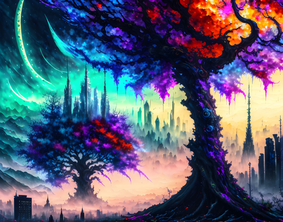 Colorful digital artwork: Magical tree in celestial cityscape