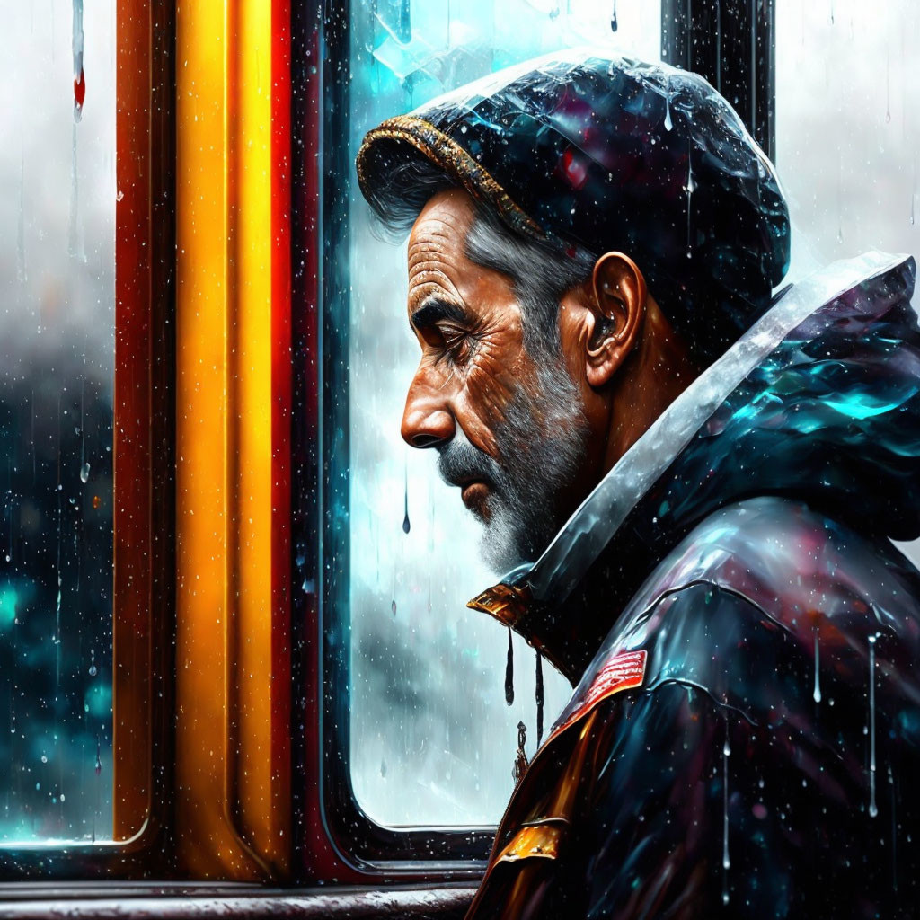 Bearded man in cap and jacket looking out rain-streaked window with colorful reflections and snowfl