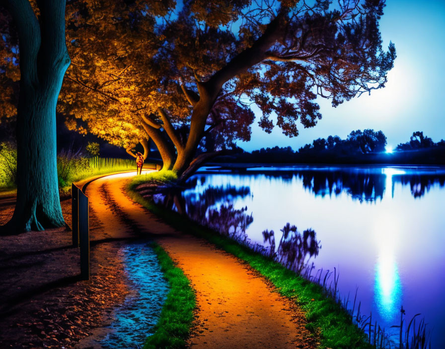 Tranquil lake at night with glowing path and contrasting warm/cool lighting