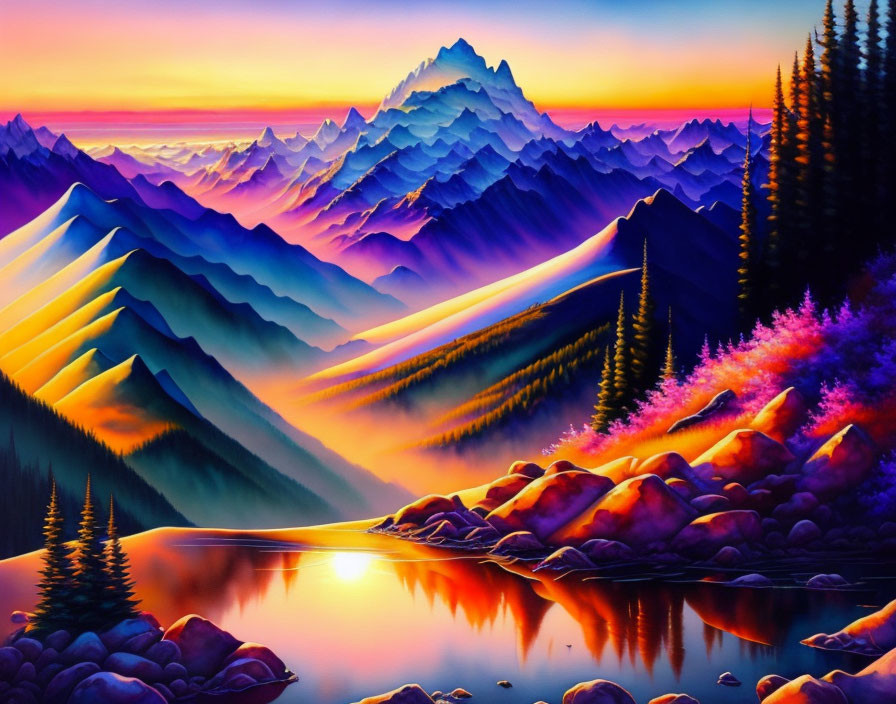 Colorful landscape: Mountains at sunset reflected in tranquil lake