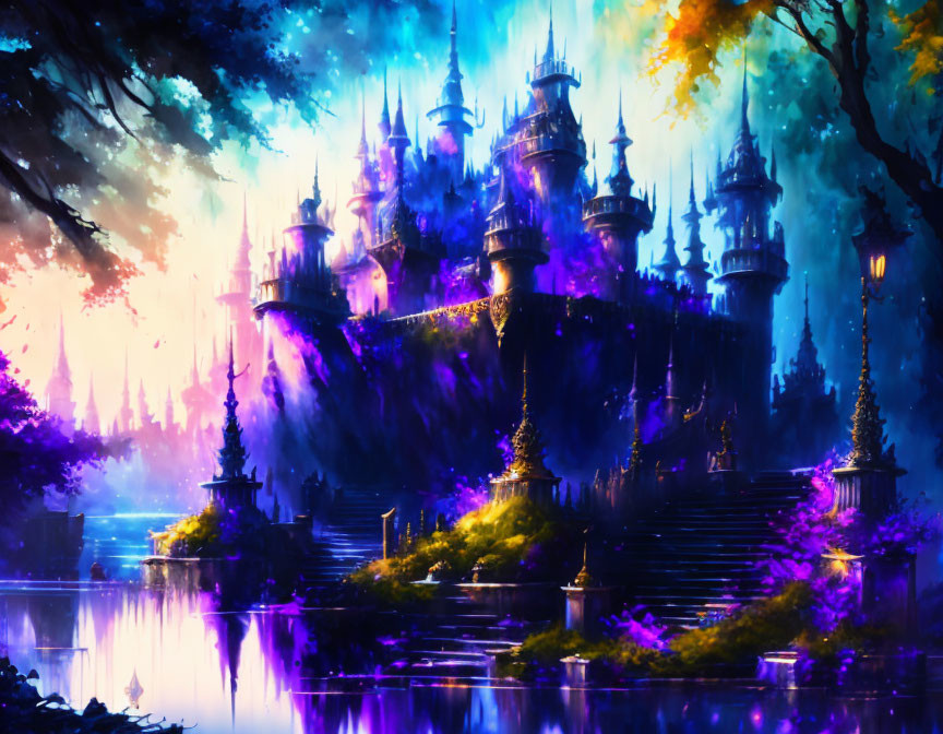 Mystical forest castle reflected in calm lake under colorful sky