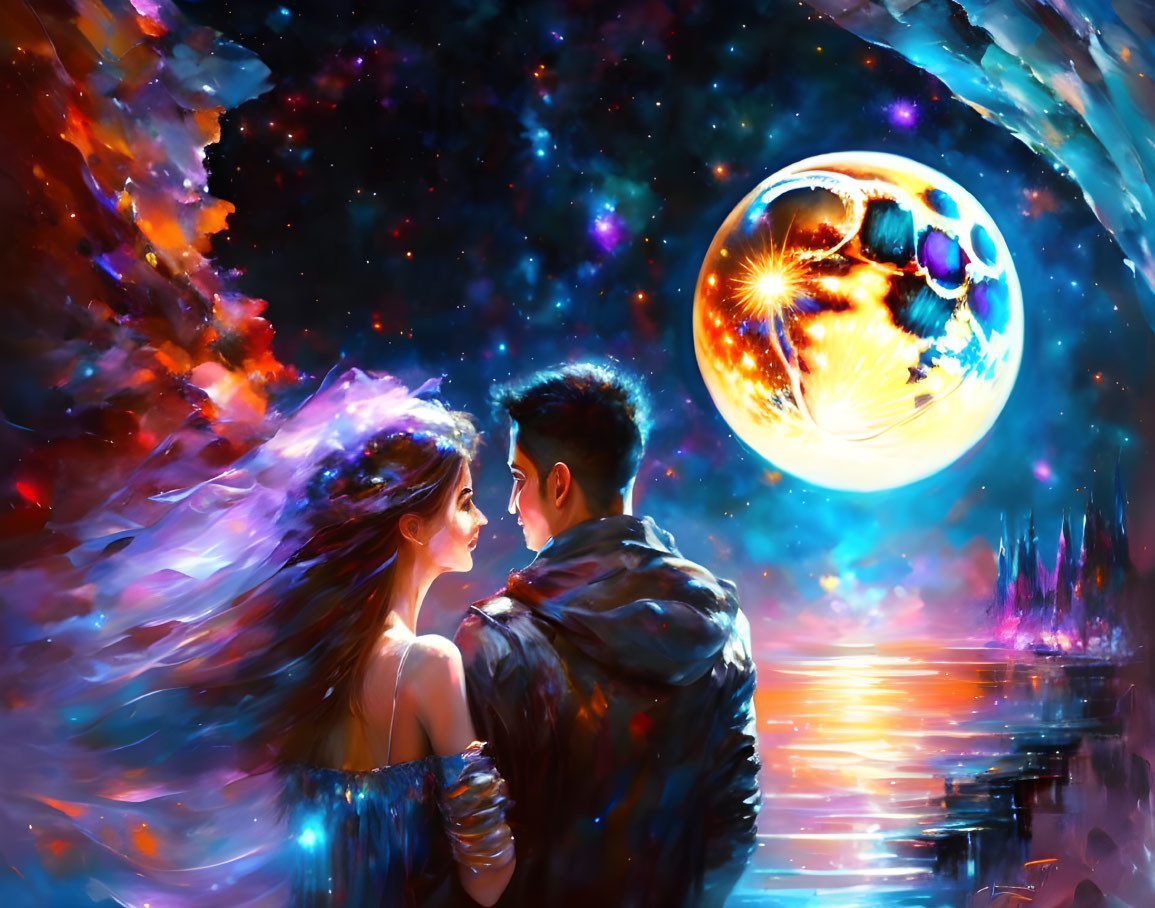 Cosmic-themed artwork with couple gazing under moonlit sky