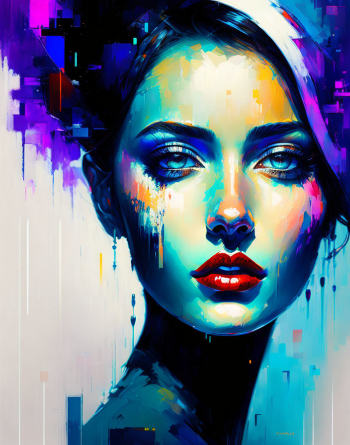 Colorful digital portrait of a woman with blue highlights and bold red lips